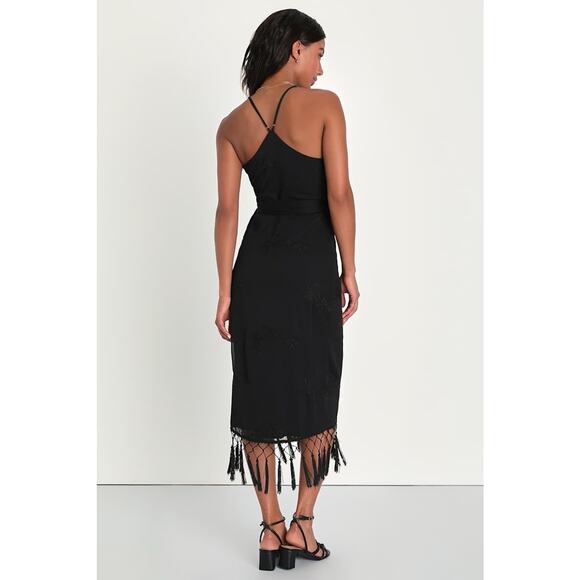 NWT Lulus Womens Fun Affair Wrap Dress Fringe Trim Embroidered Boho Black Size S - Picture 2 of 14